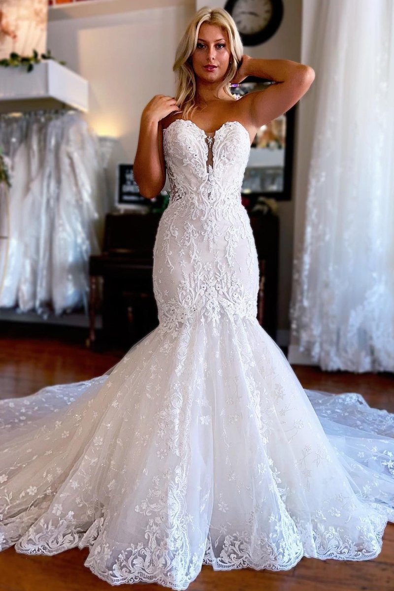 Alena | Sparkly White Mermaid Detachable Long Sleeves Lace Wedding Dress - KissProm