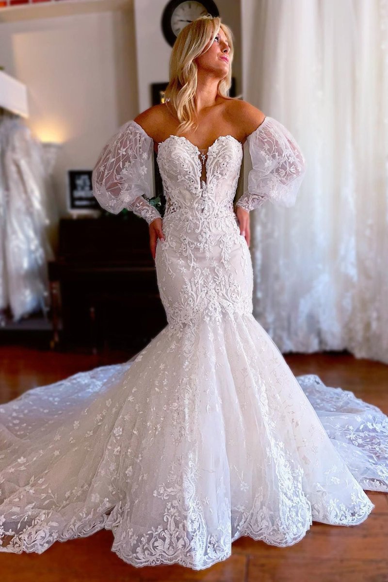 Alena | Sparkly White Mermaid Detachable Long Sleeves Lace Wedding Dress - KissProm