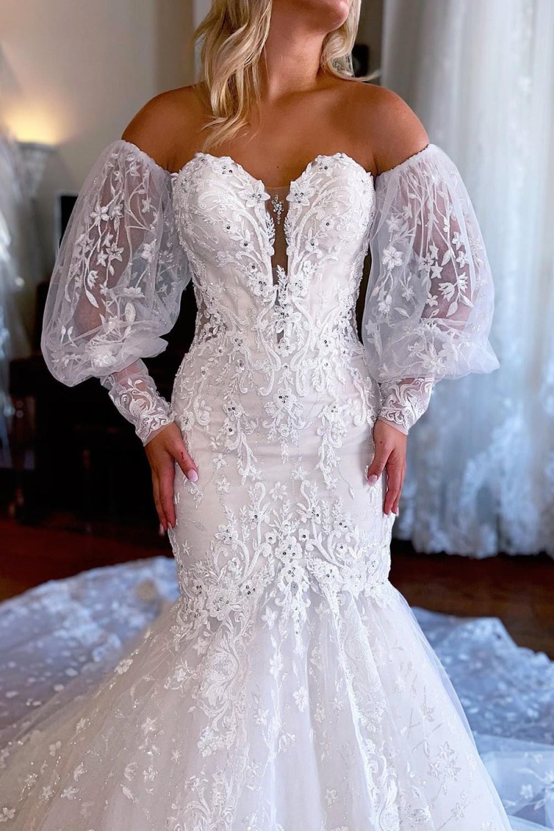 Alena | Sparkly White Mermaid Detachable Long Sleeves Lace Wedding Dress - KissProm