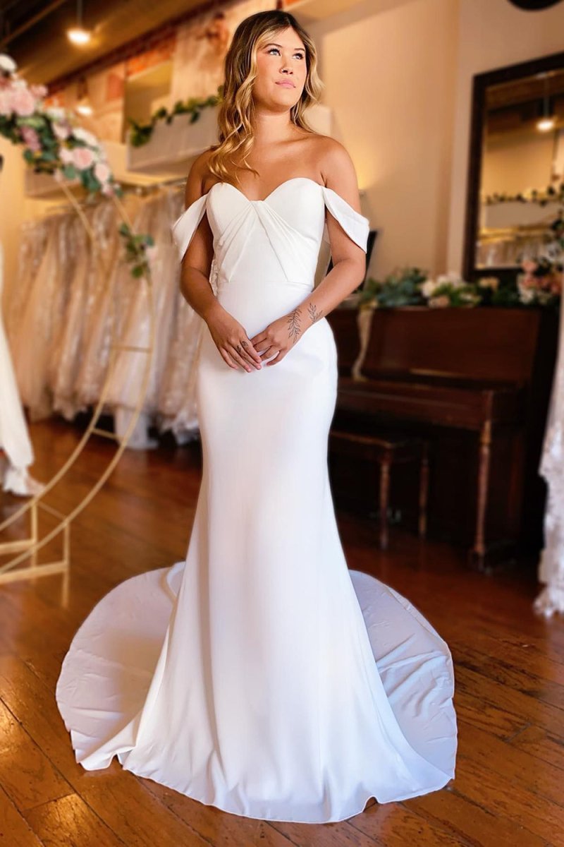 Naya | Simple White Mermaid Off - the - Shoulder Boho Wedding Dress - KissProm