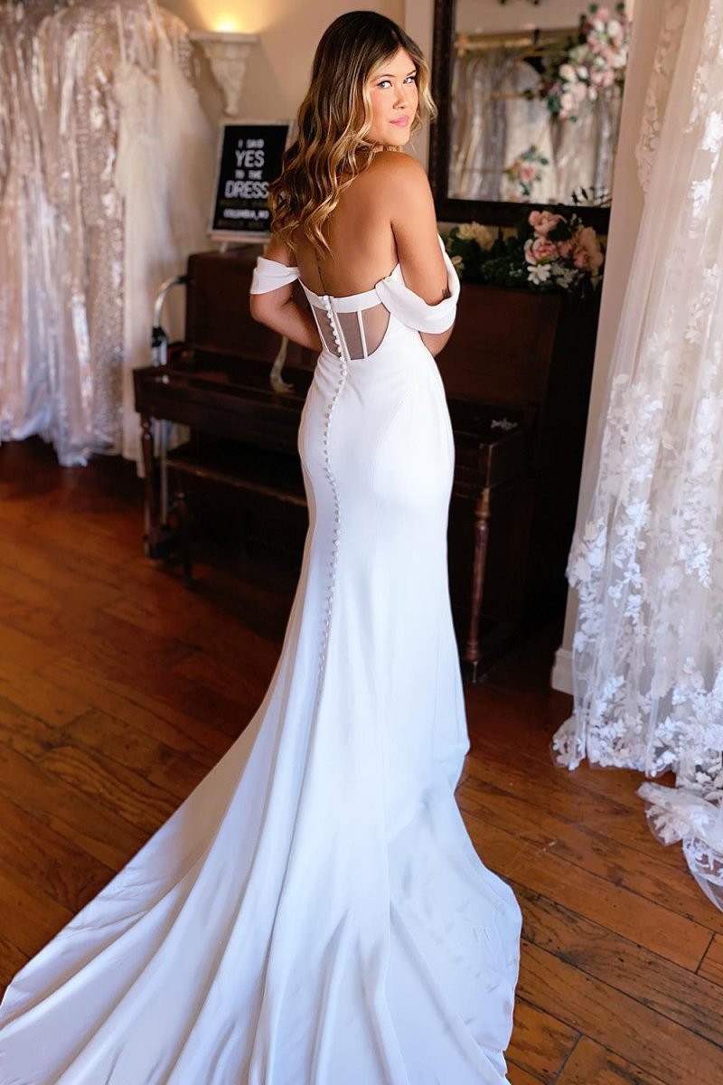 Naya | Simple White Mermaid Off - the - Shoulder Boho Wedding Dress - KissProm