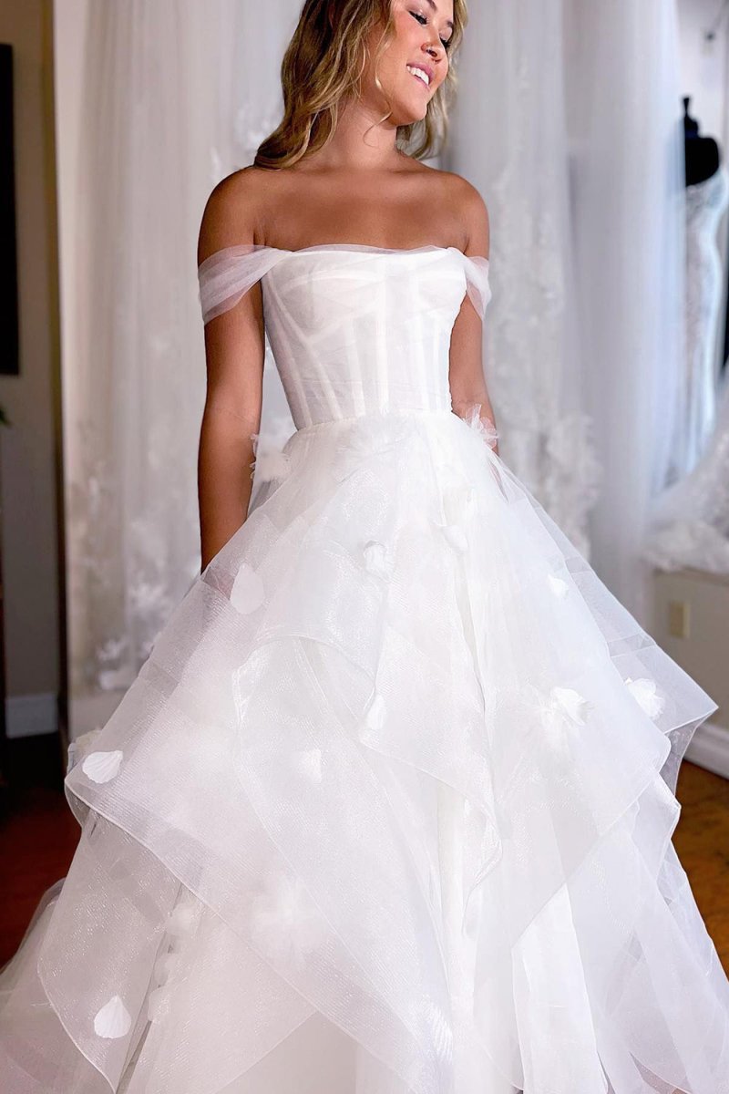 Monica | Simple White Corset A - Line Wedding Dress with Appliques - KissProm