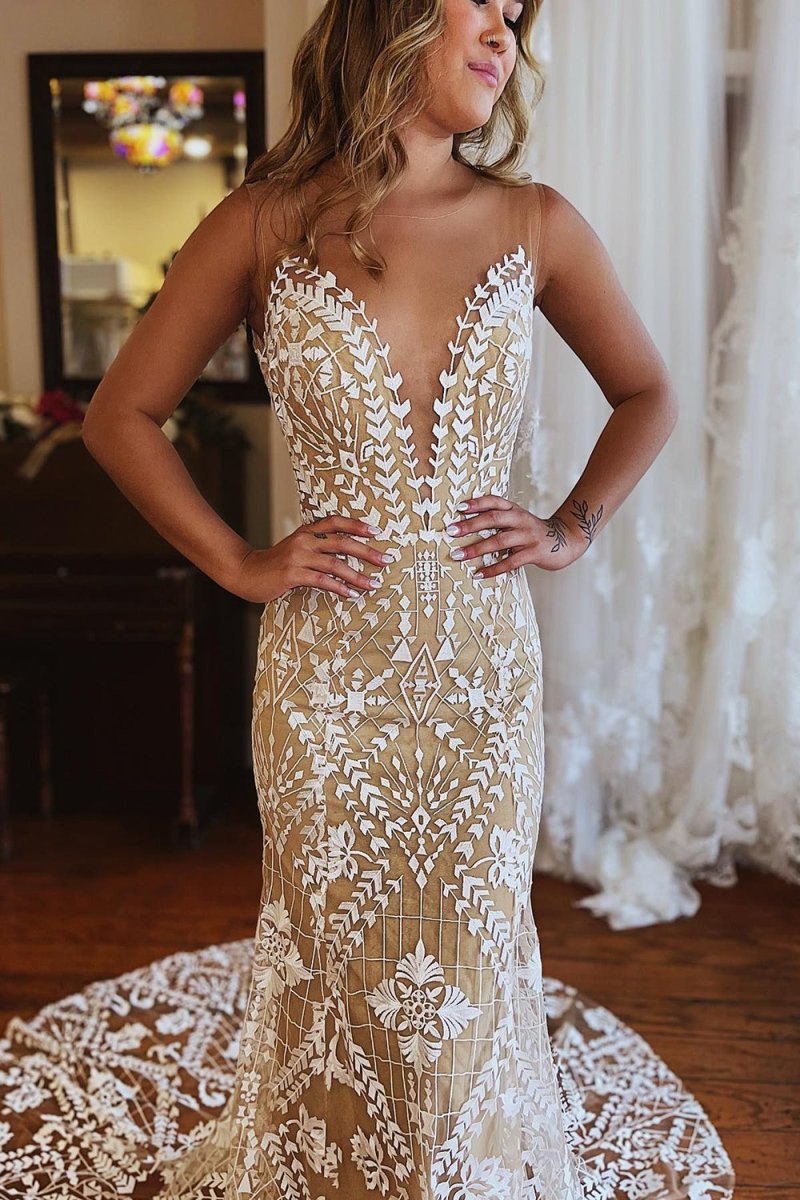 Kori | Champagne Illusion Boat Neck Mermaid Long Lace Wedding Dress - KissProm