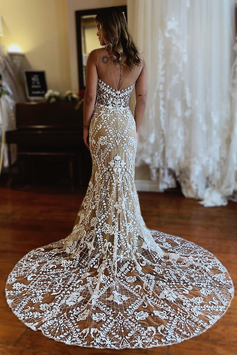 Kori | Champagne Illusion Boat Neck Mermaid Long Lace Wedding Dress - KissProm