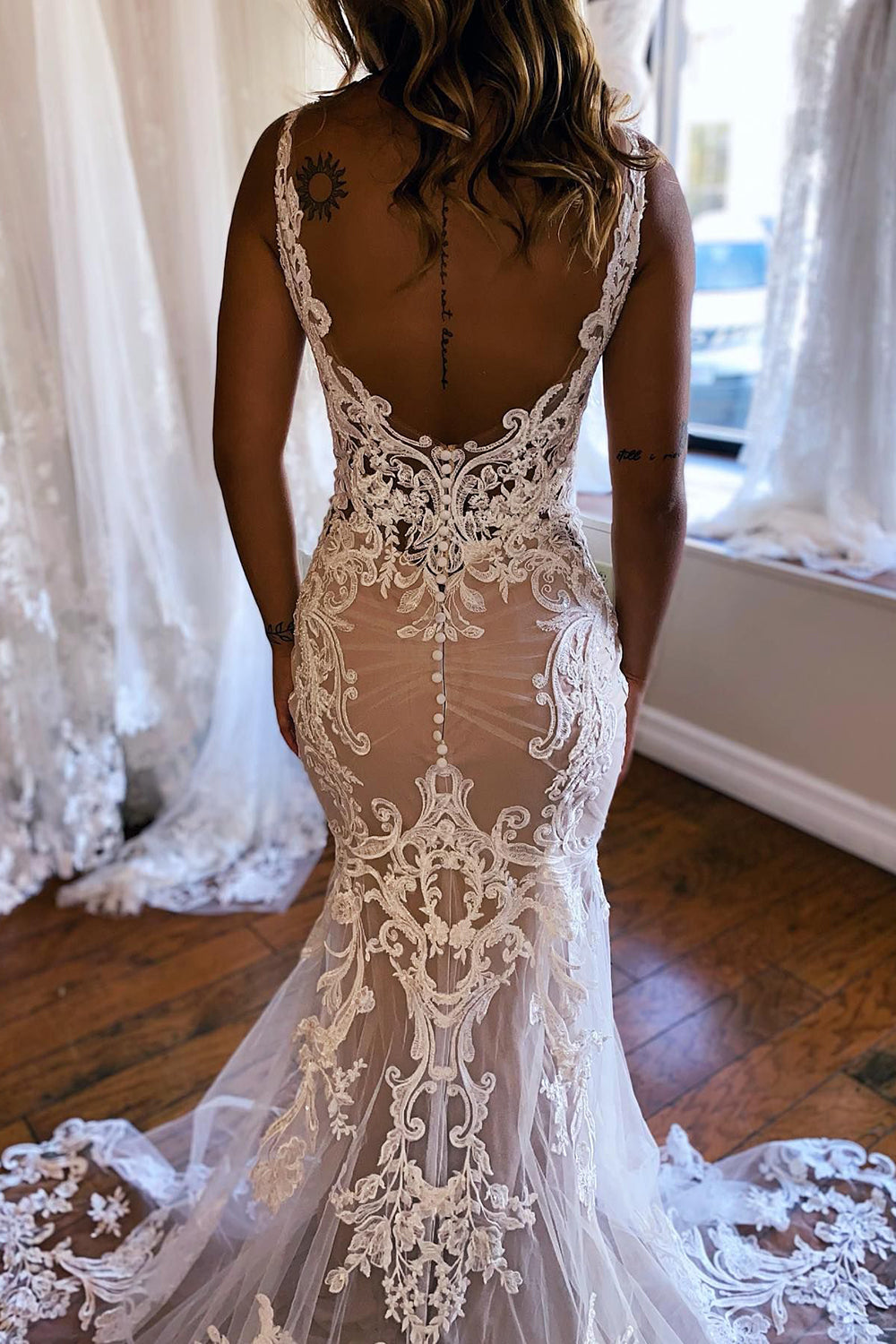 Champagne Lace Mermaid Backless Wedding Bridal Gown