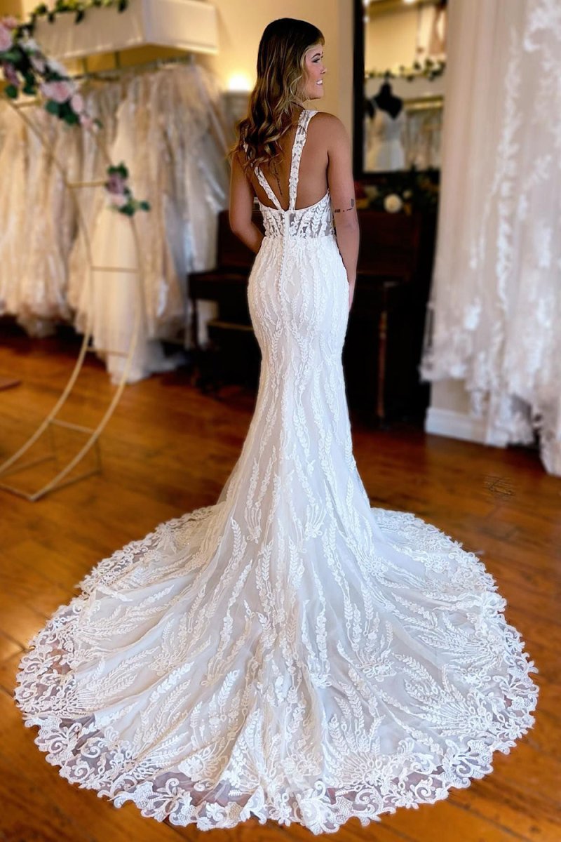 Belen | White V - Neck Sheath Long Lace Wedding Dress with Slit - KissProm