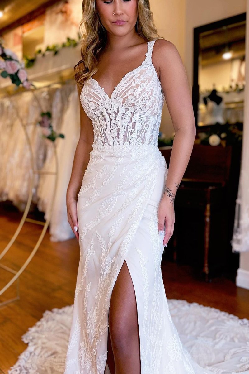 Belen | White V - Neck Sheath Long Lace Wedding Dress with Slit - KissProm