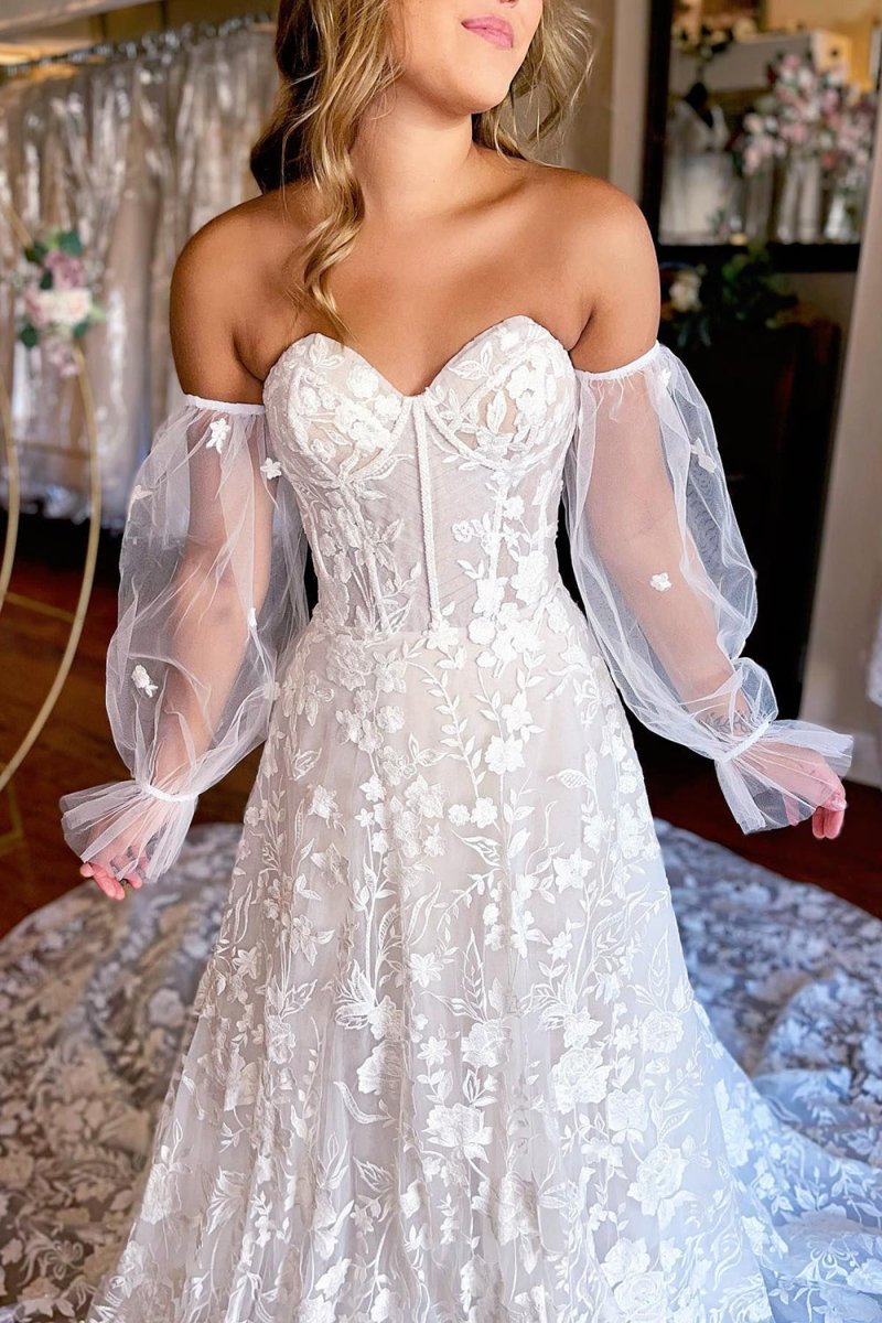 Arlet | A - Line Ivory Sweetheart Corset Detachable Long Sleeves Long Lace Wedding Dress - KissProm