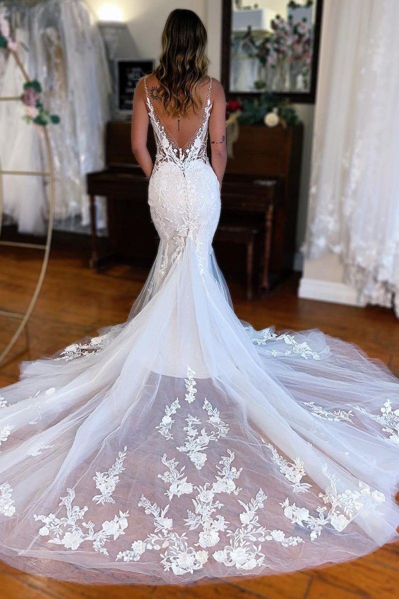 Violeta | White V - Neck Mermaid Long Lace Wedding Dress - KissProm