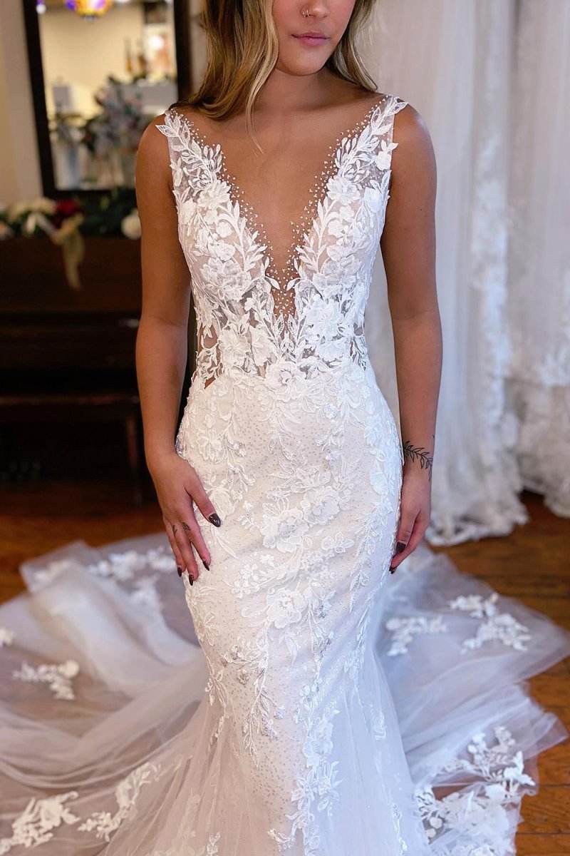 Violeta | White V - Neck Mermaid Long Lace Wedding Dress - KissProm