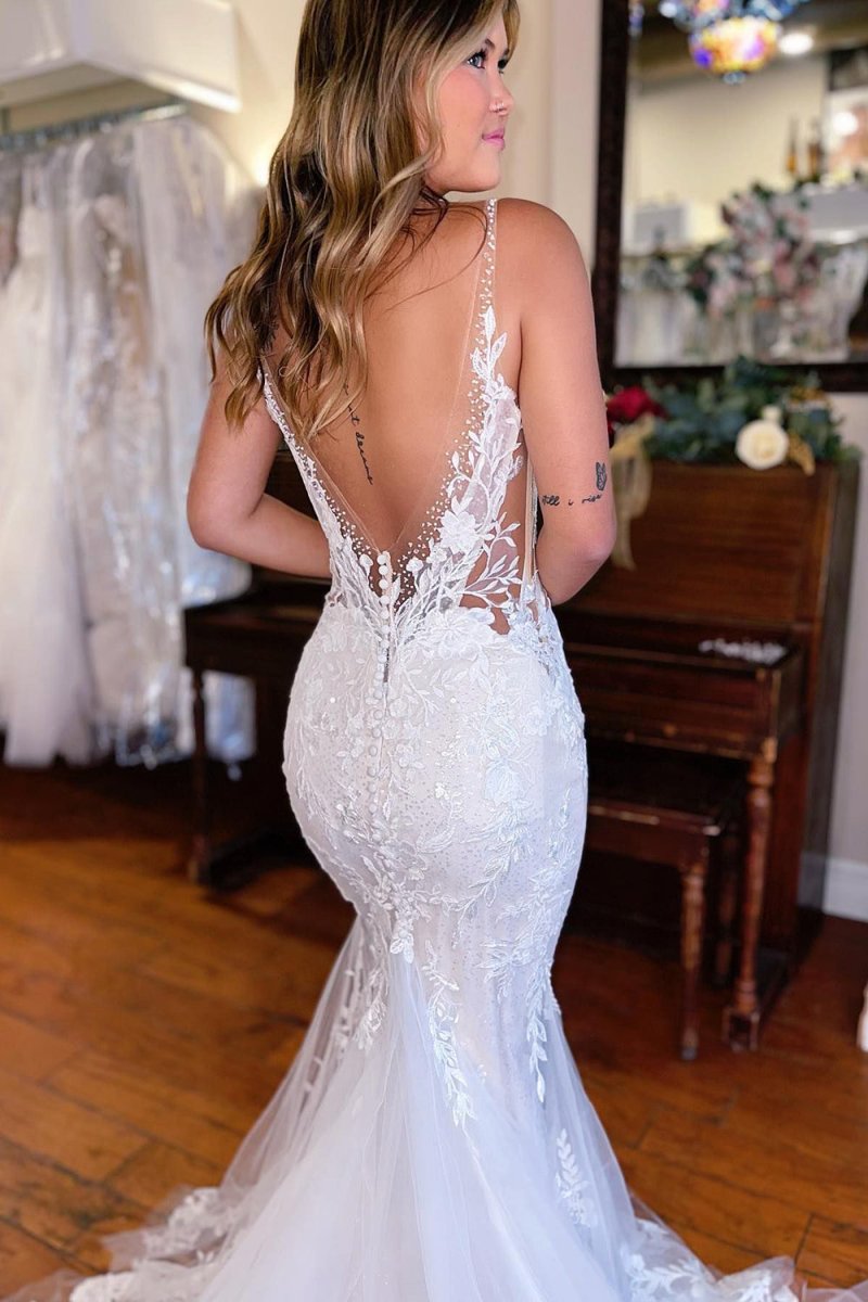 Violeta | White V - Neck Mermaid Long Lace Wedding Dress - KissProm