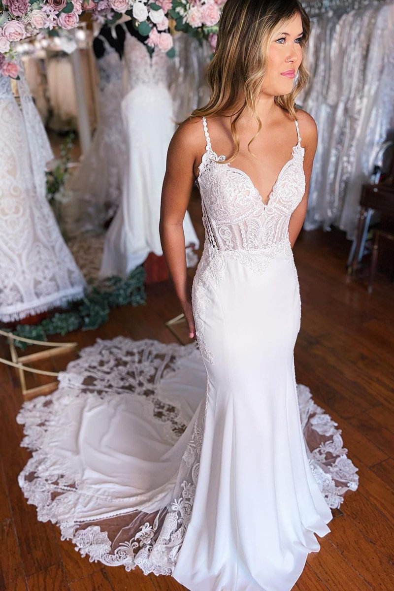 Kiana | White Boho Mermaid Spaghetti Straps Long Wedding Dress with Lace - KissProm