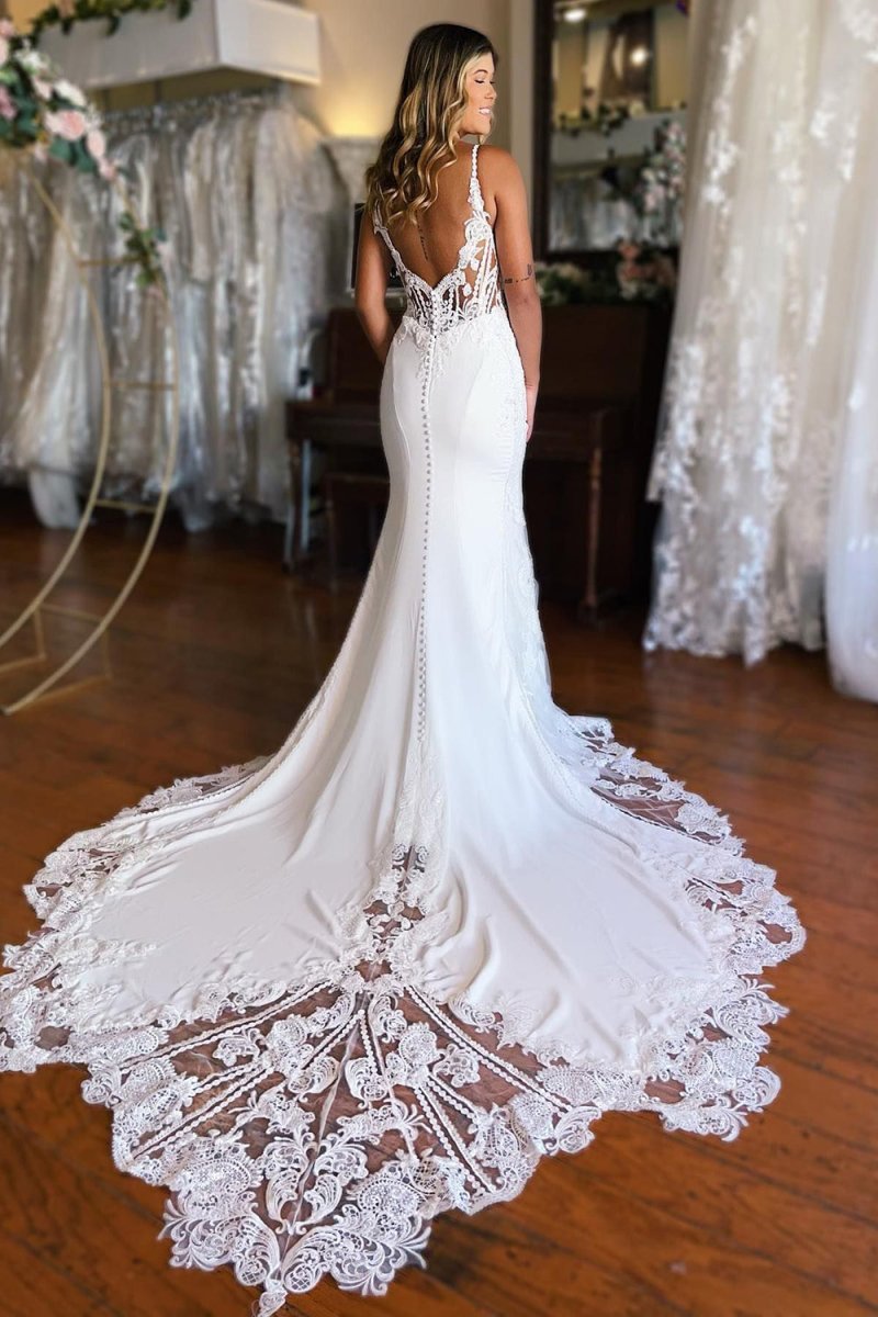 Kiana | White Boho Mermaid Spaghetti Straps Long Wedding Dress with Lace - KissProm