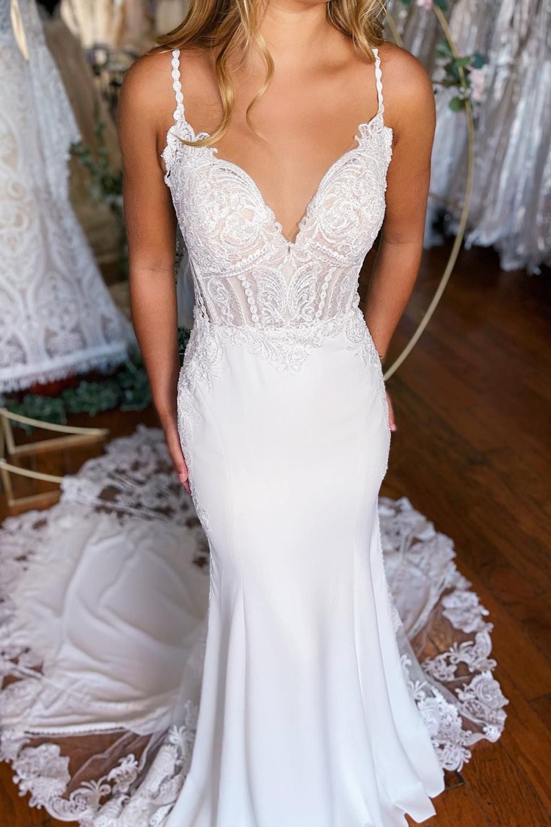 Kiana | White Boho Mermaid Spaghetti Straps Long Wedding Dress with Lace - KissProm