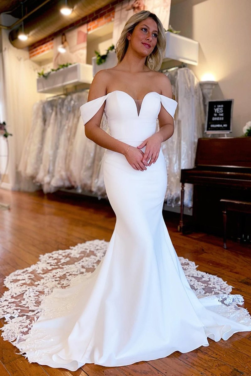 Brynleigh | White Boho Mermaid Off the Shoulder Long Wedding Dress with Lace - KissProm