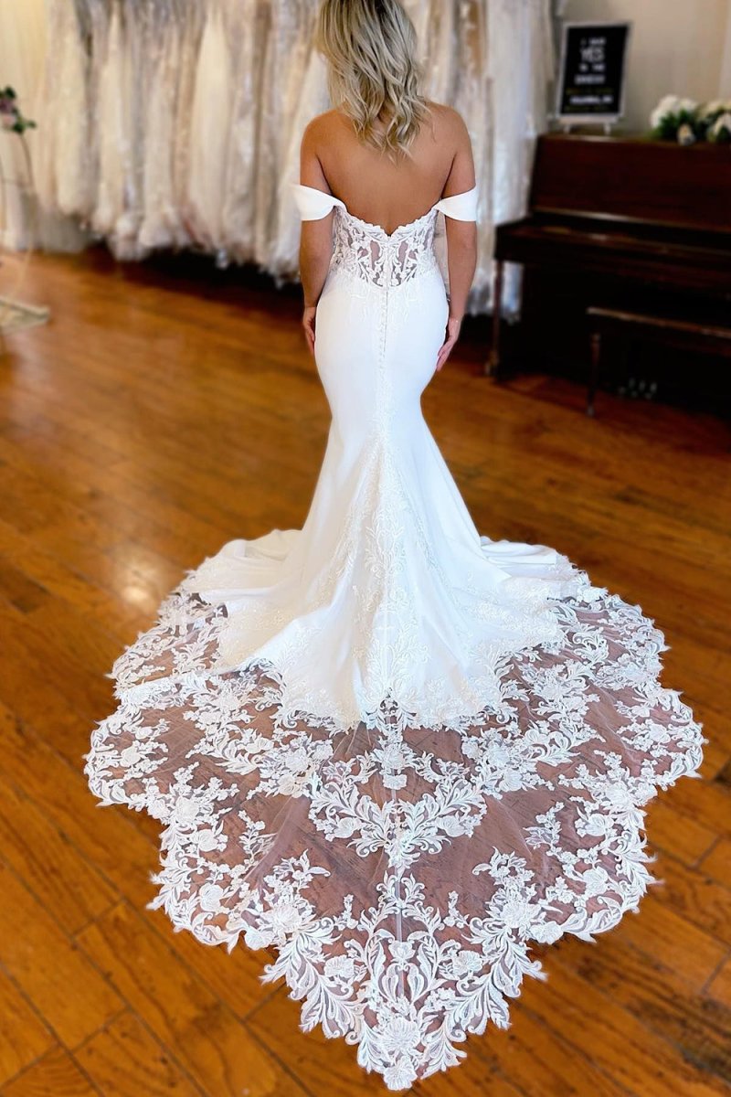 Brynleigh | White Boho Mermaid Off the Shoulder Long Wedding Dress with Lace - KissProm