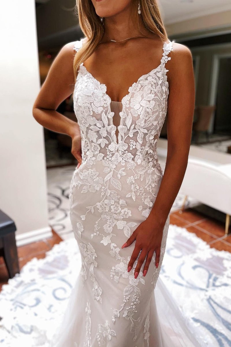 Love | Ivory Backless Sleeveless Lace Mermaid Long Wedding Dress - KissProm