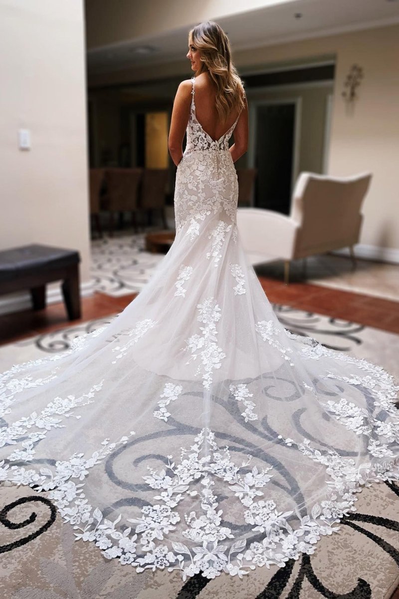 Love | Ivory Backless Sleeveless Lace Mermaid Long Wedding Dress - KissProm