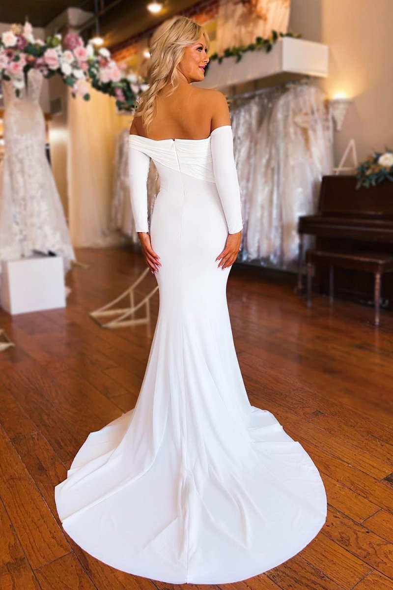 Pearl | Simple White Boho Mermaid Long Wedding Dress with Sleeves - KissProm