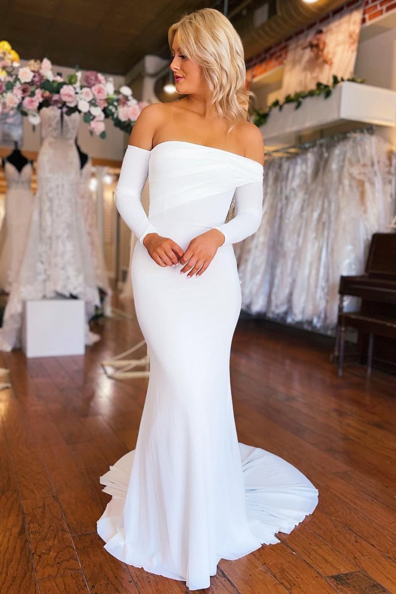 Pearl | Simple White Boho Mermaid Long Wedding Dress with Sleeves - KissProm