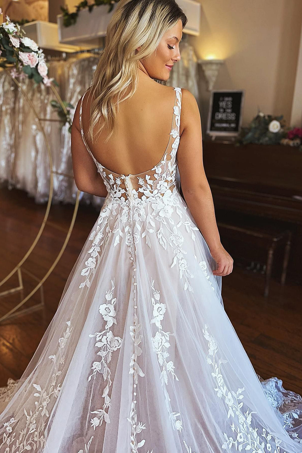 Bria Ivory A Line V Neck Backless Long Lace Wedding Dress