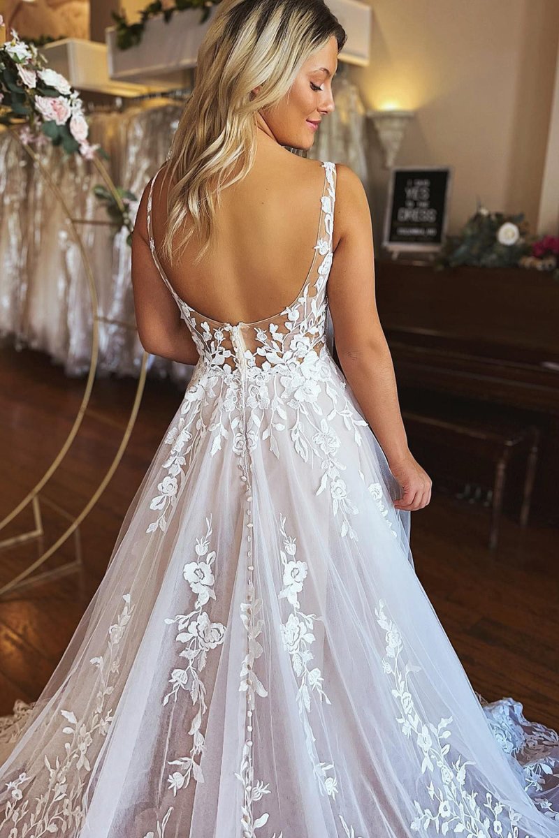 Bria | Ivory A - Line V - Neck Backless Long Lace Wedding Dress - KissProm