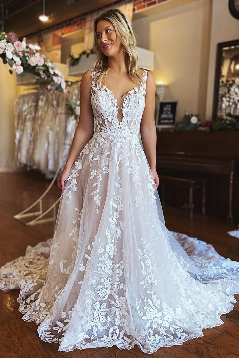 Bria | Ivory A - Line V - Neck Backless Long Lace Wedding Dress - KissProm