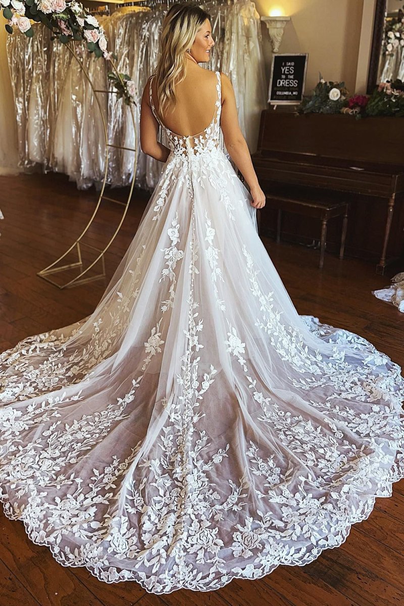 Bria | Ivory A - Line V - Neck Backless Long Lace Wedding Dress - KissProm