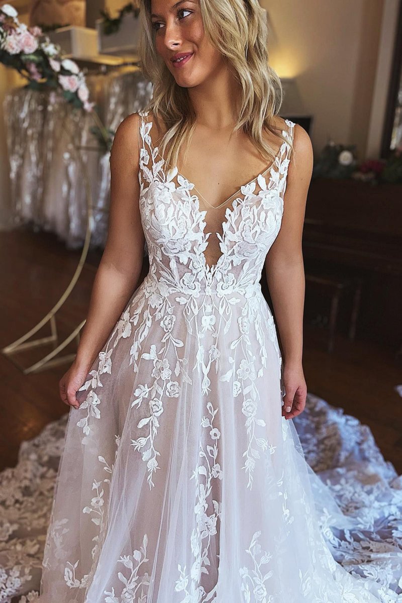 Bria | Ivory A - Line V - Neck Backless Long Lace Wedding Dress - KissProm