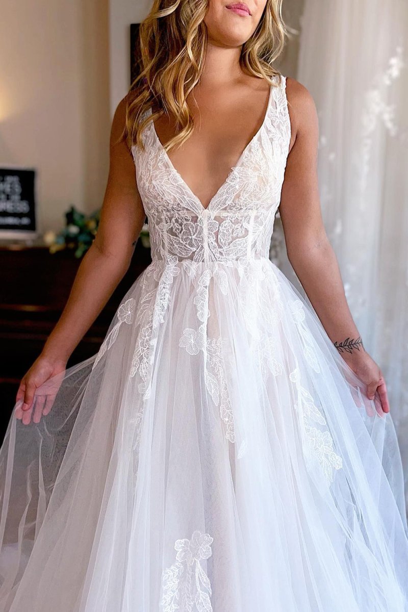 Jaylani | Ivory A - Line Deep V - Neck Backless Long Wedding Dress with Lace - KissProm