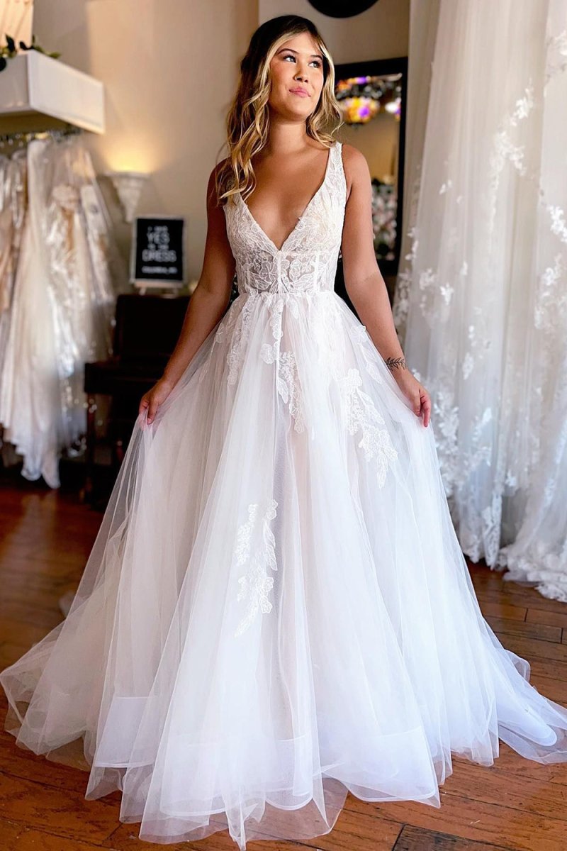 Jaylani | Ivory A - Line Deep V - Neck Backless Long Wedding Dress with Lace - KissProm