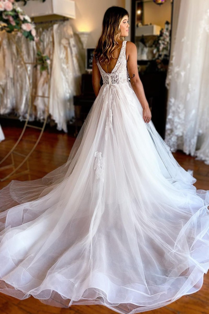 Jaylani | Ivory A - Line Deep V - Neck Backless Long Wedding Dress with Lace - KissProm