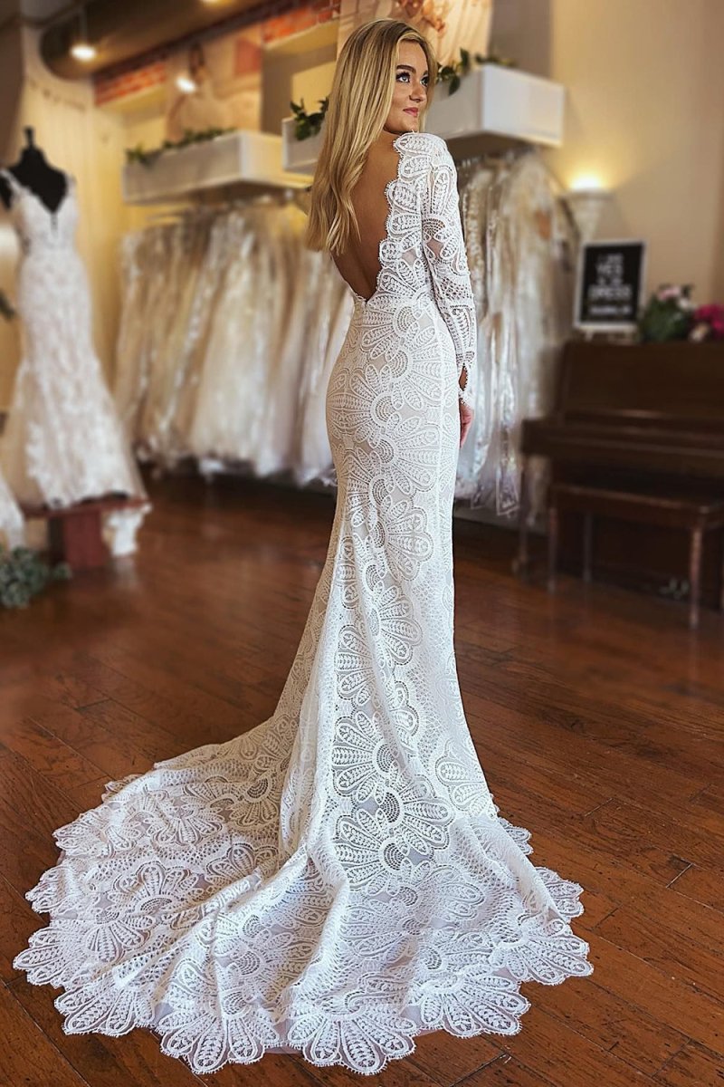 Lillie White Mermaid Boho Long Lace Wedding Dress with Sleeves