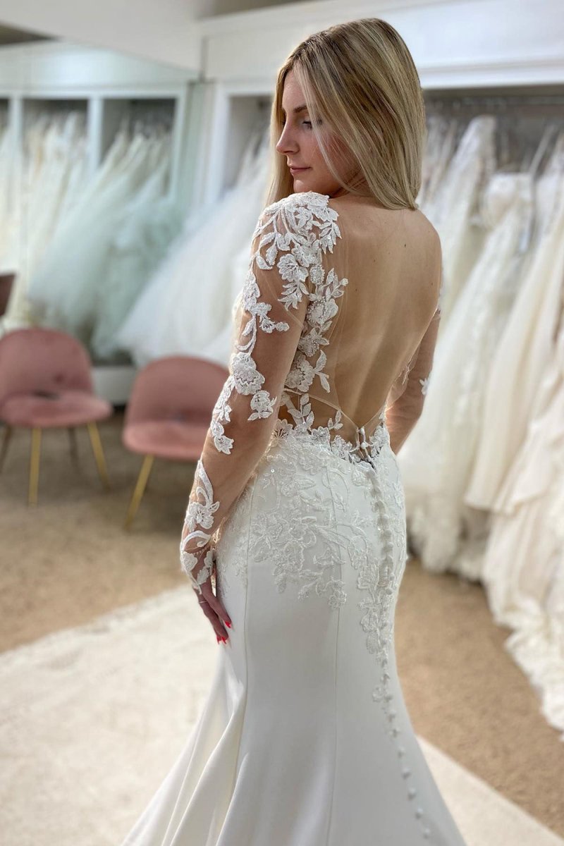 Ashlyn | White V - Neck Mermaid Long Wedding Dress with Lace - KissProm