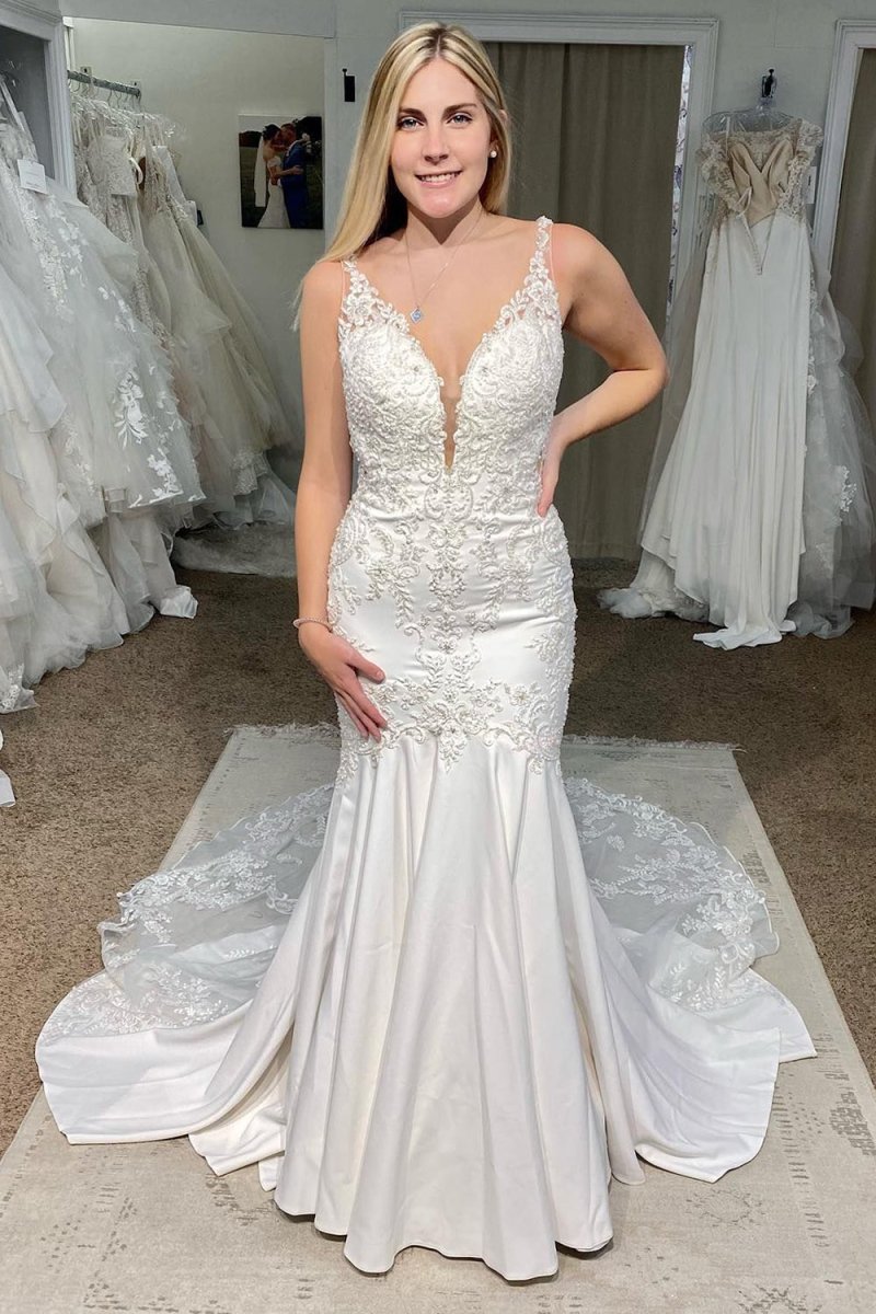 Mercy | White Deep V - Neck Mermaid Long Wedding Dress with Appliques - KissProm