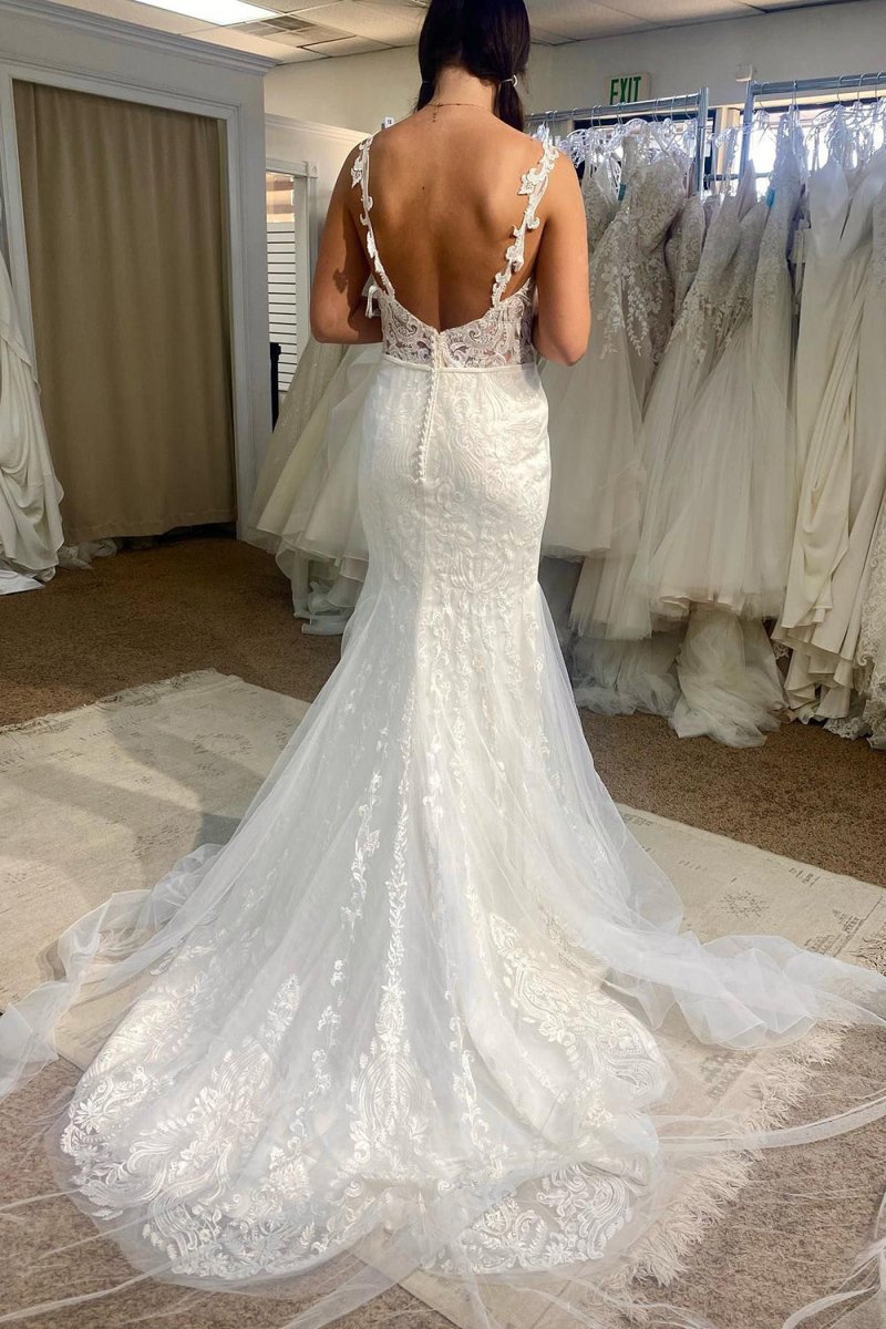 Berkley | Tulle Mermaid Spaghetti Straps White Long Wedding Dress with Appliques - KissProm