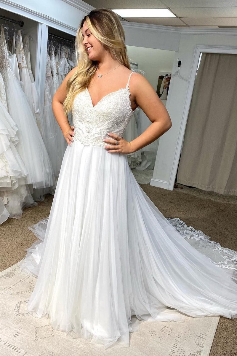 Marisol | Tulle Spaghetti Straps White Long Boho Wedding Dress with Lace Appliques - KissProm