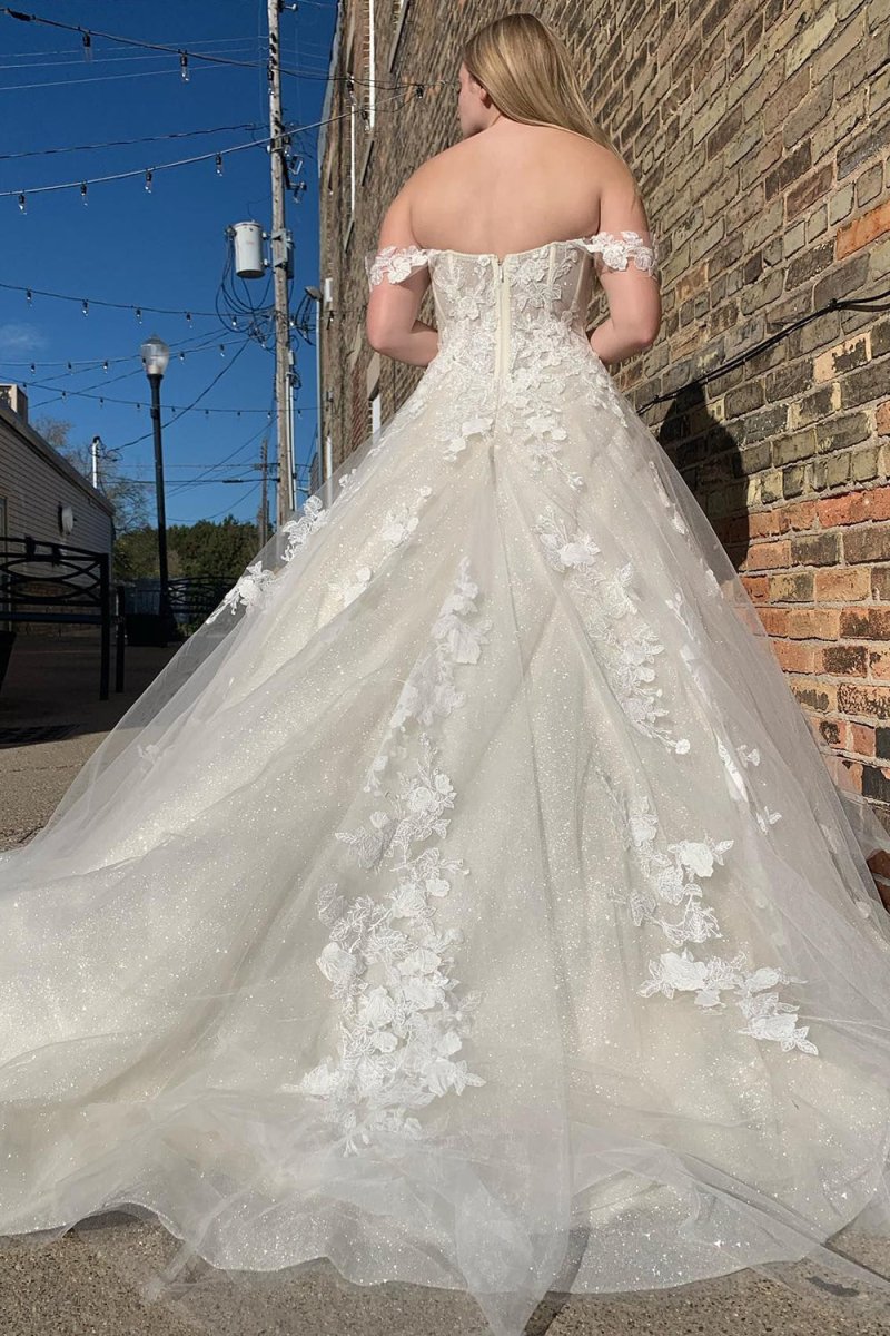 Kassidy | Glitter A - Line Off The Shouder White Long Wedding Dress with Appliques - KissProm