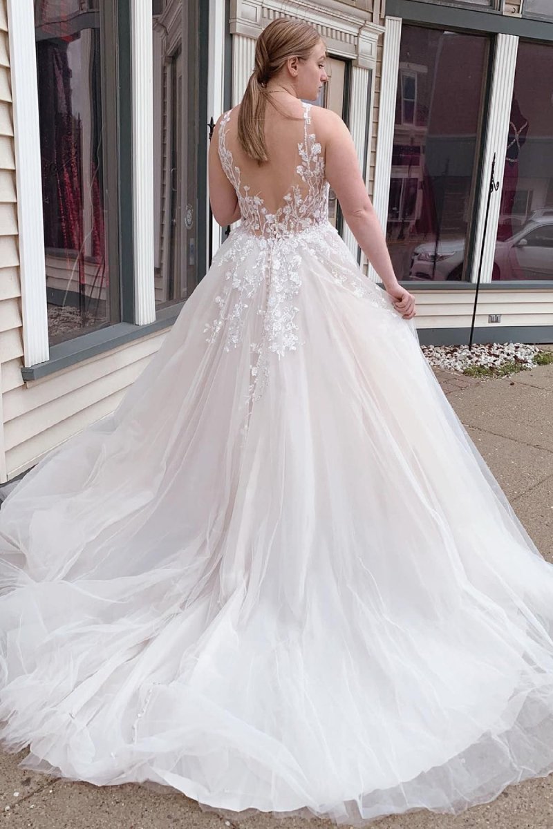 Roselyn | A - Line Tulle Sparkly White Wedding Dress with Appliques - KissProm