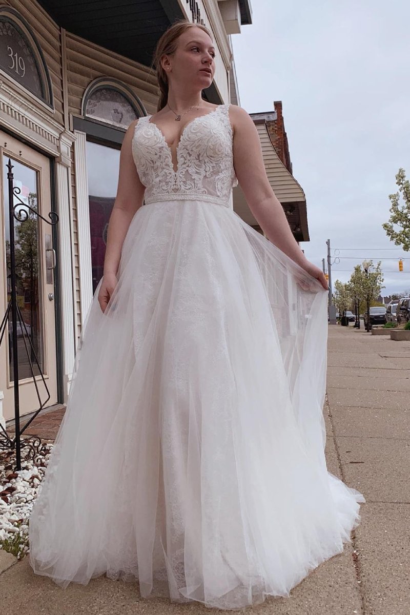 Louisa | A - Line Tulle White Long Wedding Dress with Beading - KissProm