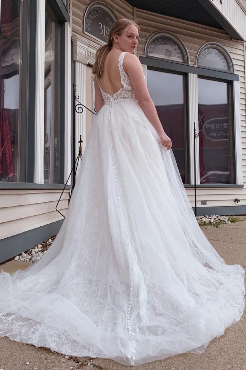 Louisa | A - Line Tulle White Long Wedding Dress with Beading - KissProm