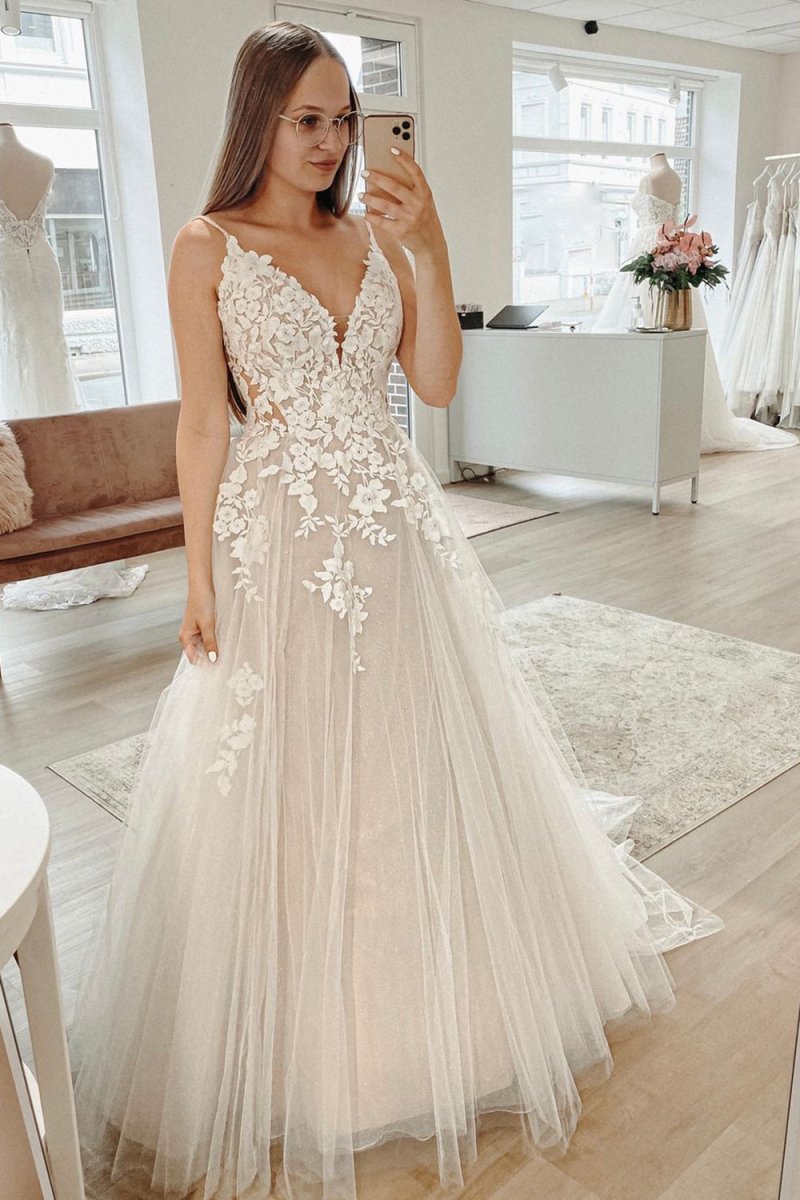 Dalia | Glitter Ivory A - Line Spaghetti Straps Long Wedding Dress with Appliques - KissProm