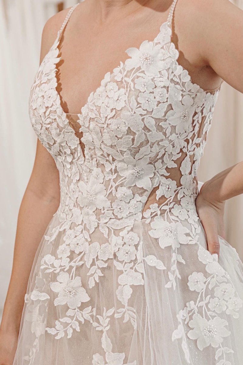 Dalia | Glitter Ivory A - Line Spaghetti Straps Long Wedding Dress with Appliques - KissProm