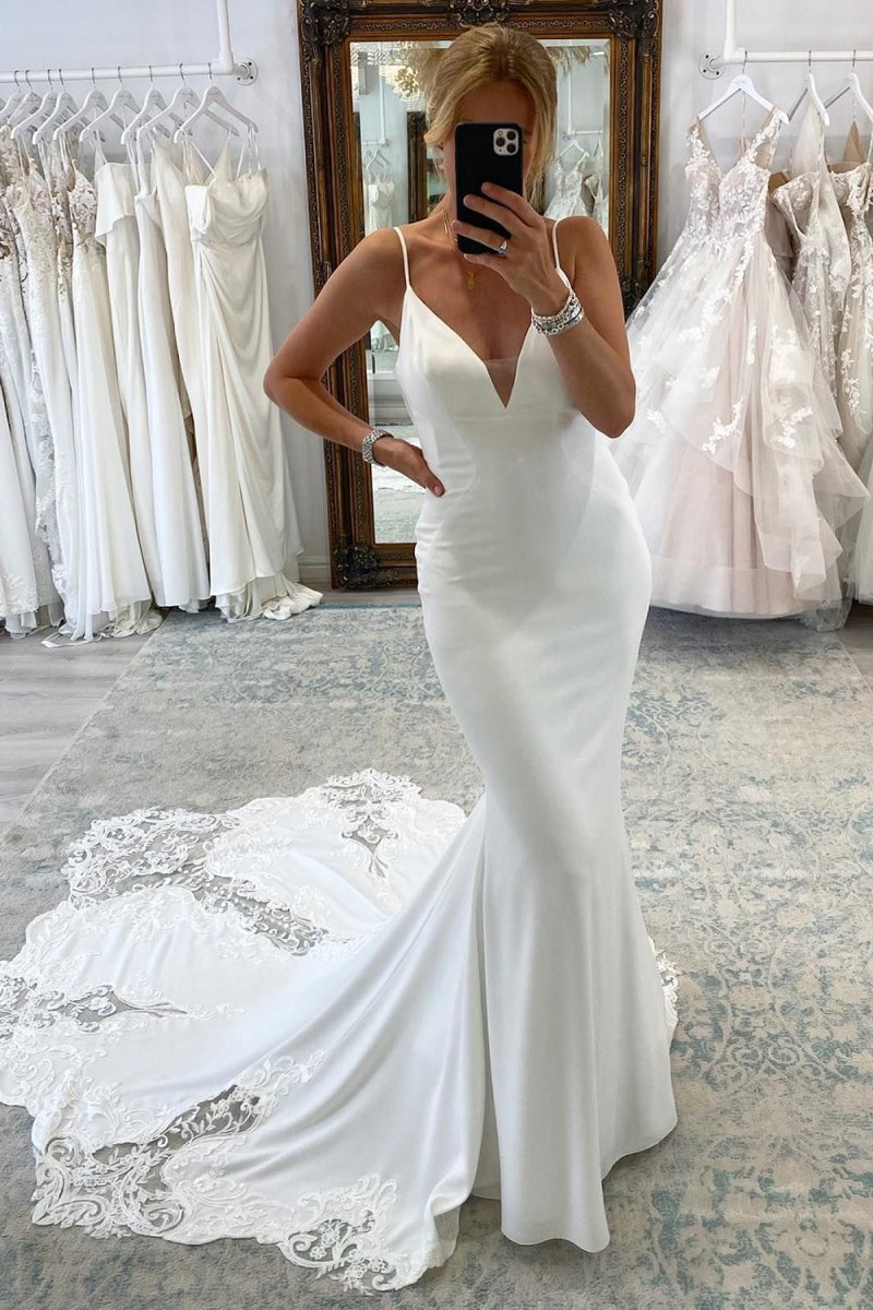 Jayda | White Spaghetti Straps Long Mermaid Boho Wedding Dress with Lace - KissProm