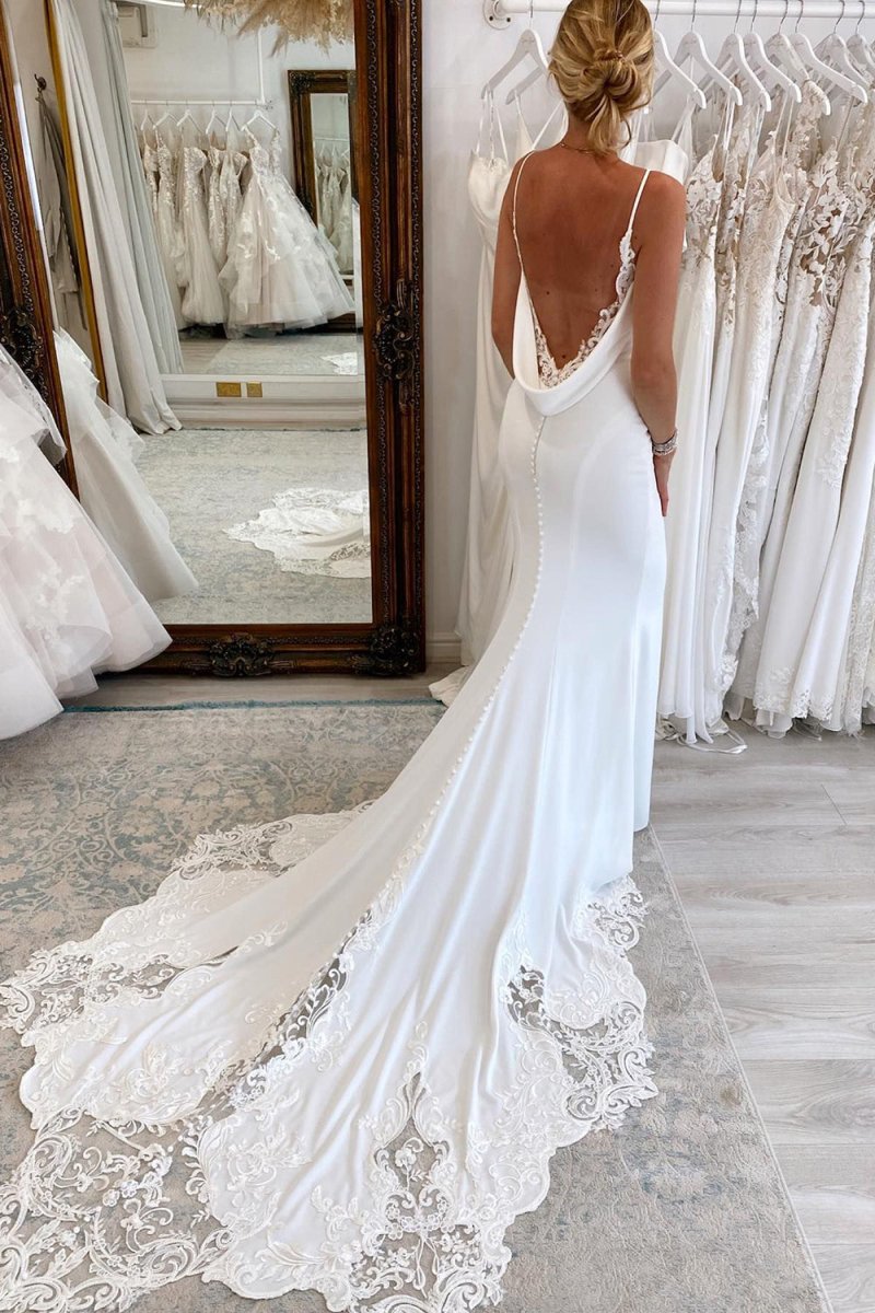 Jayda | White Spaghetti Straps Long Mermaid Boho Wedding Dress with Lace - KissProm