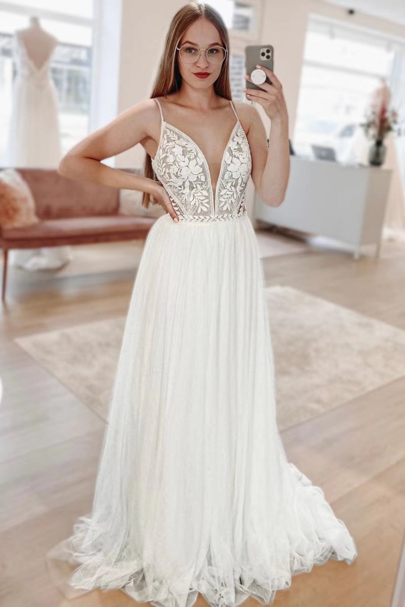 Harmoni | Simple White A - Line Boho Long Chiffon Wedding Dress with Lace Appliques - KissProm