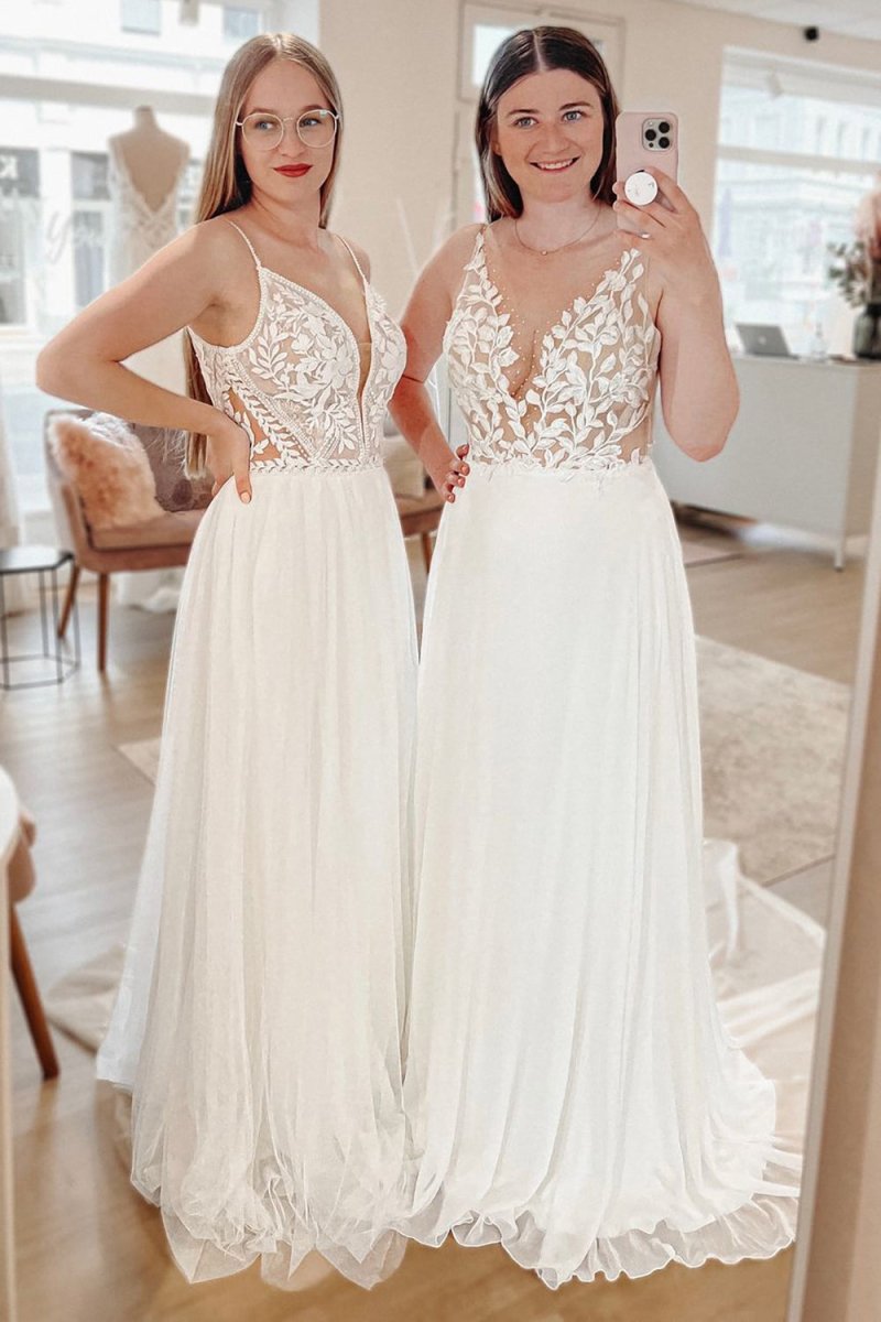 Harmoni | Simple White A - Line Boho Long Chiffon Wedding Dress with Lace Appliques - KissProm