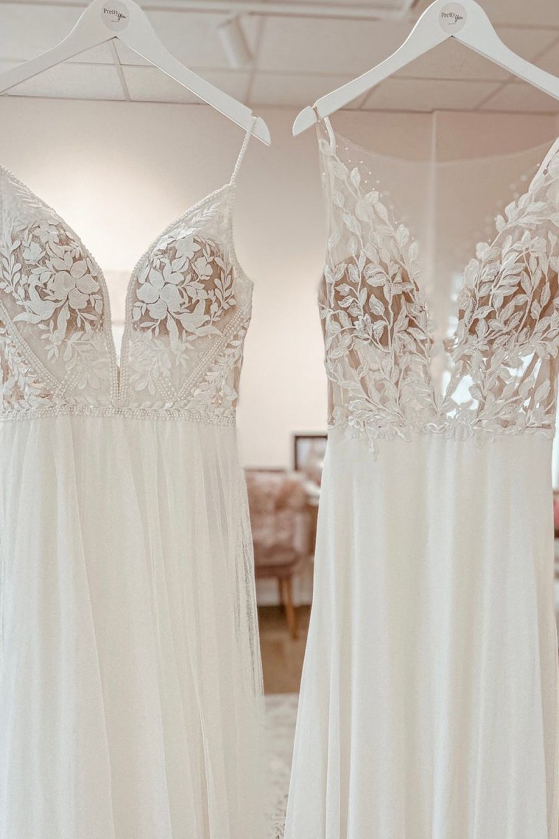 Harmoni | Simple White A - Line Boho Long Chiffon Wedding Dress with Lace Appliques - KissProm