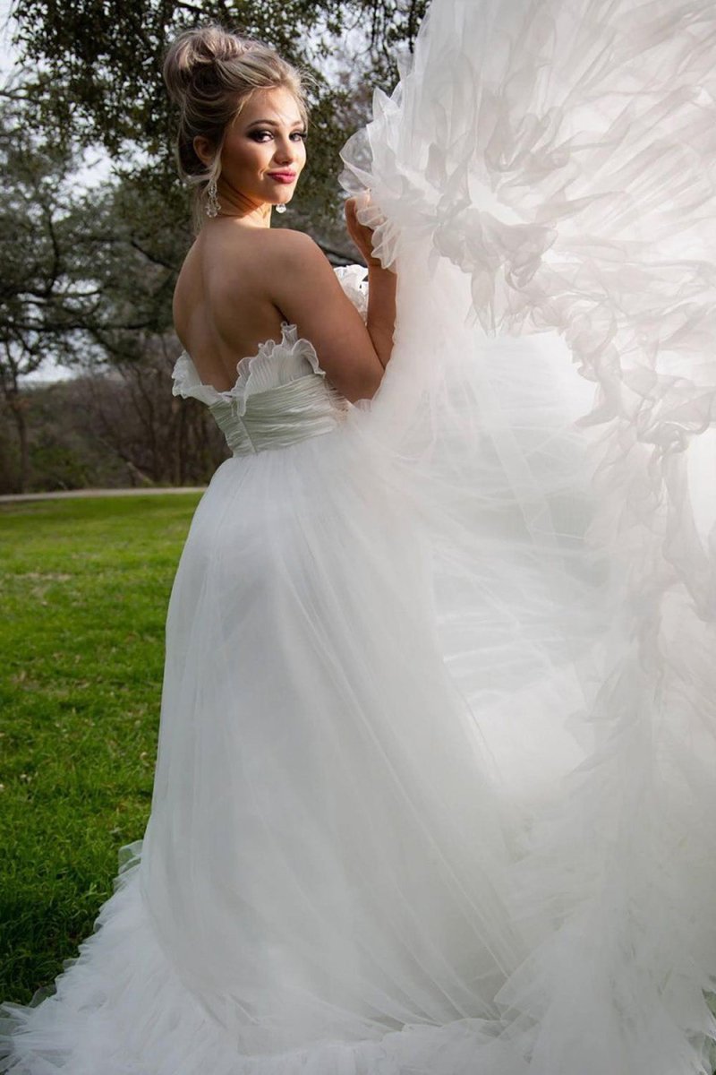 Jada | A - Line Strapless White Tulle Wedding Dress - KissProm