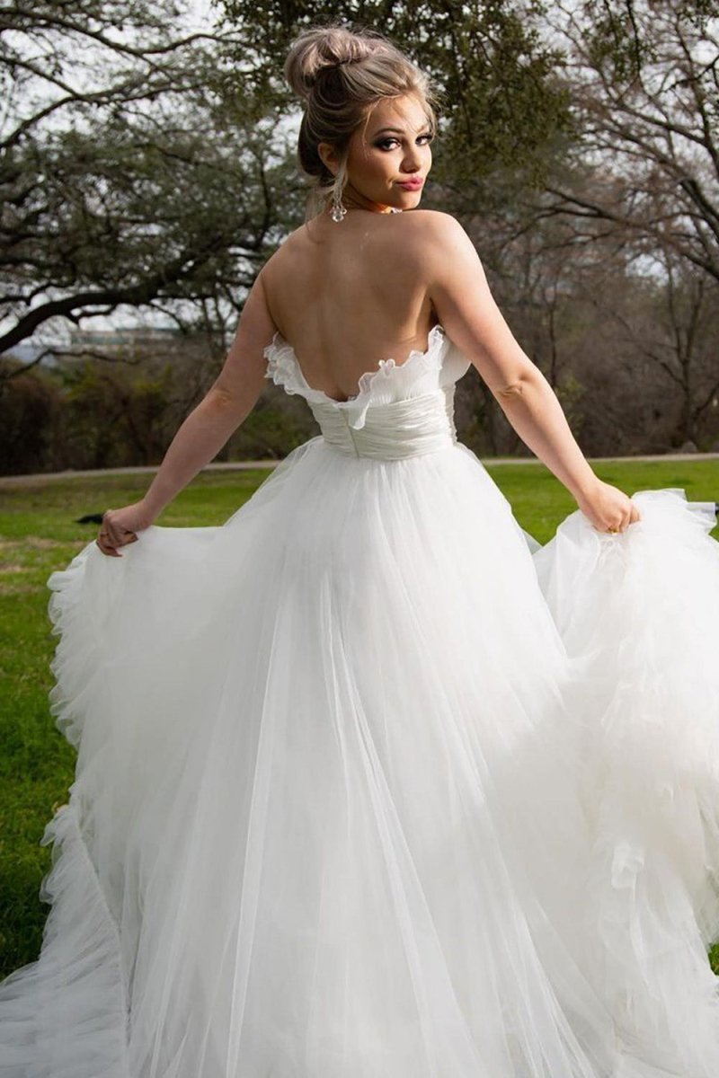 Jada | A - Line Strapless White Tulle Wedding Dress - KissProm